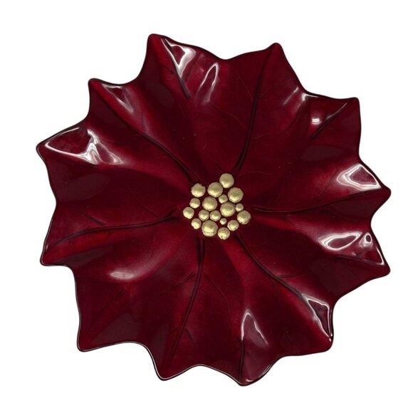 Vintage Pier 1 Poinsettia Glass Platter Red Gold Holiday Serving Platter 14.5” D - Picture 1 of 4